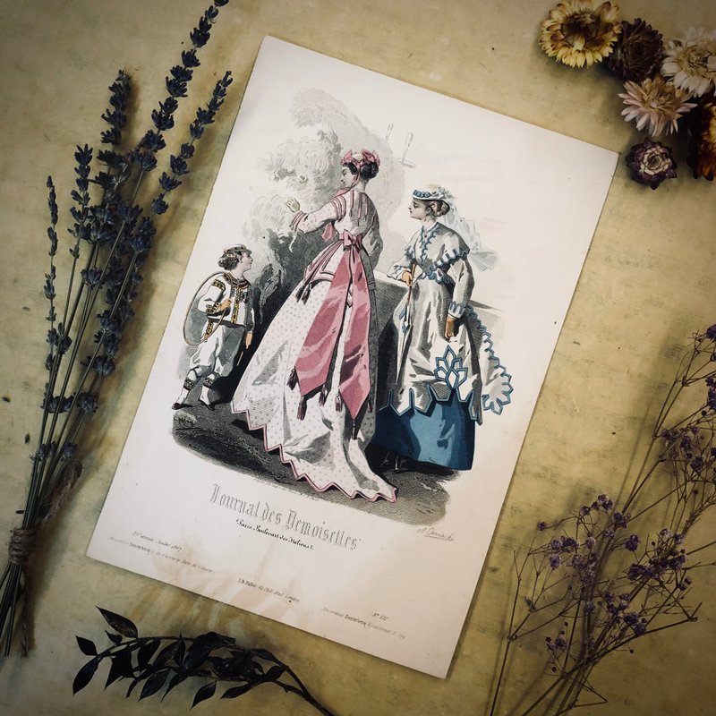 法國百年手工上色19世紀時裝版畫 - 其他 - 紙 卡其色