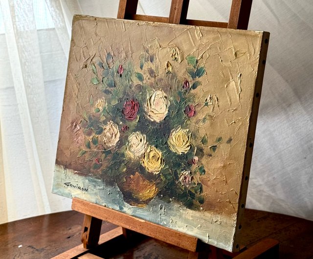50659-魅惑的なフランスアンティーク油絵 花卉画 家のサイン入り