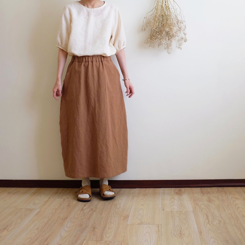 Daily handmade clothing natural golden brown small tapered long skirt washed Linen - Skirts - Cotton & Hemp Brown