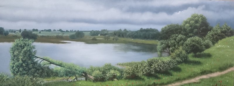 River Bank Painting Landscape Original Art Vintage Nature Waterscape Wall Art - 插畫/繪畫/寫字 - 亞麻 