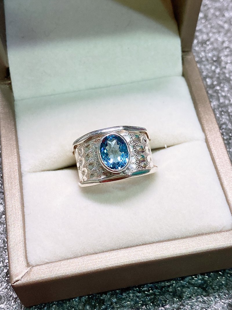 天然 天空藍 托帕石 戒指 尼泊爾 手工製 925純銀 - 戒指 - 寶石 