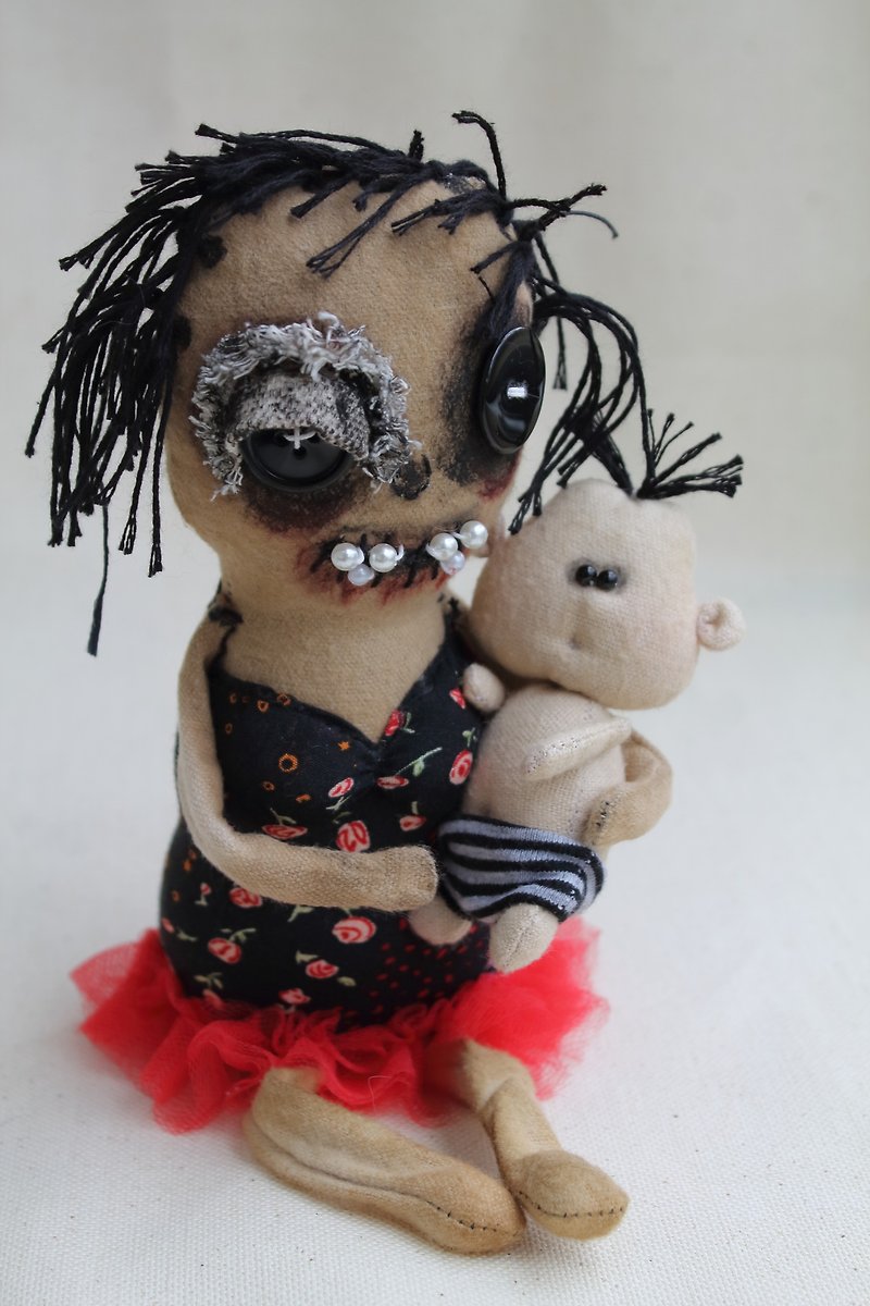 Primitive  dolls  mother and creepy cute child . Halloween doll . - ตุ๊กตา - ผ้าฝ้าย/ผ้าลินิน สีดำ