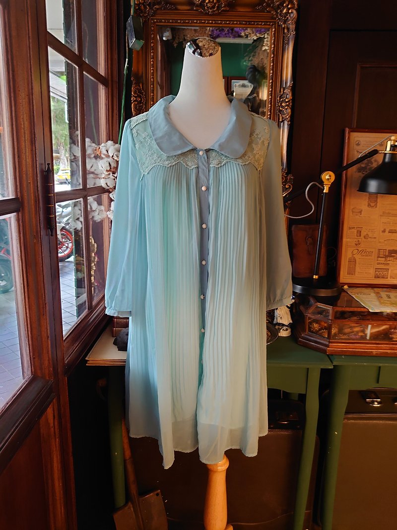 料質Fabric 淡麗系湖水綠蕾絲長袖古著洋裝 - 連身裙 - 其他人造纖維 綠色