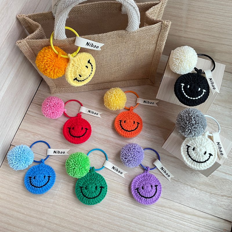 Handmade wool knitted double-sided smiling face pom pom pendant - Charms - Cotton & Hemp Multicolor