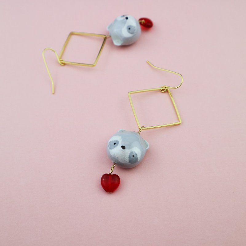 Raccoon Square geometry 18k gold earrings hand-painted hand-made clay - ต่างหู - ดินเหนียว 