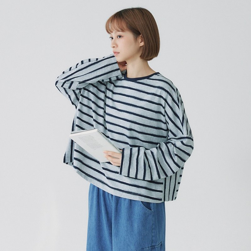【Simply Yours】針織條紋拼接上衣 灰F - 女上衣/長袖上衣 - 棉．麻 灰色