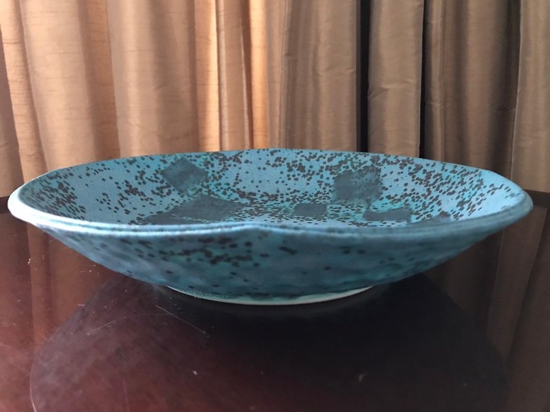 Indigo cyan glazed pottery round bowl pottery bowls and dishes dessert plate app - Plates & Trays - Pottery Multicolor
