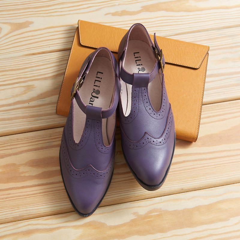 [Swing Age] Retro Carved T-shaped Oxford Shoes-Retro Purple - รองเท้าอ็อกฟอร์ดผู้หญิง - หนังแท้ สีม่วง