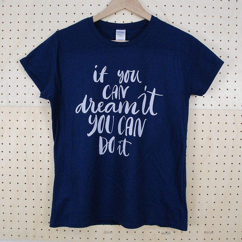 新創設計師-T恤：【You can do it】短袖 T-shirt《中性/修身》(藏青)-850 Collections - T 恤 - 棉．麻 藍色