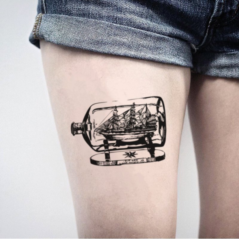 Ship In A Bottle Temporary Tattoo Sticker (Set of 2) - OhMyTat - Temporary Tattoos - Paper Black