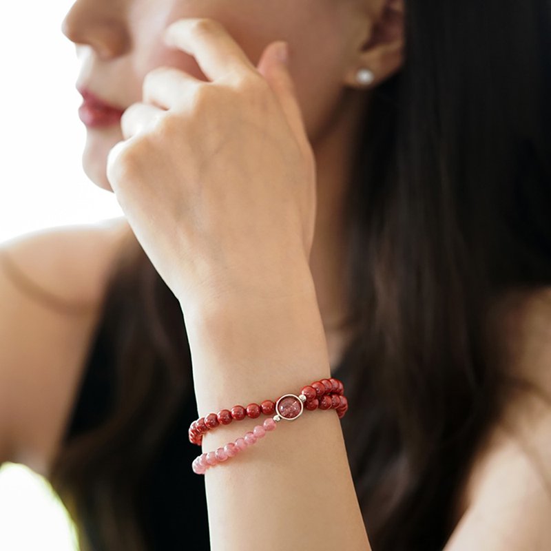 Cinnabar Stone bracelet Weishi natural strawberry crystal single and double circle beads - Bracelets - Other Materials 