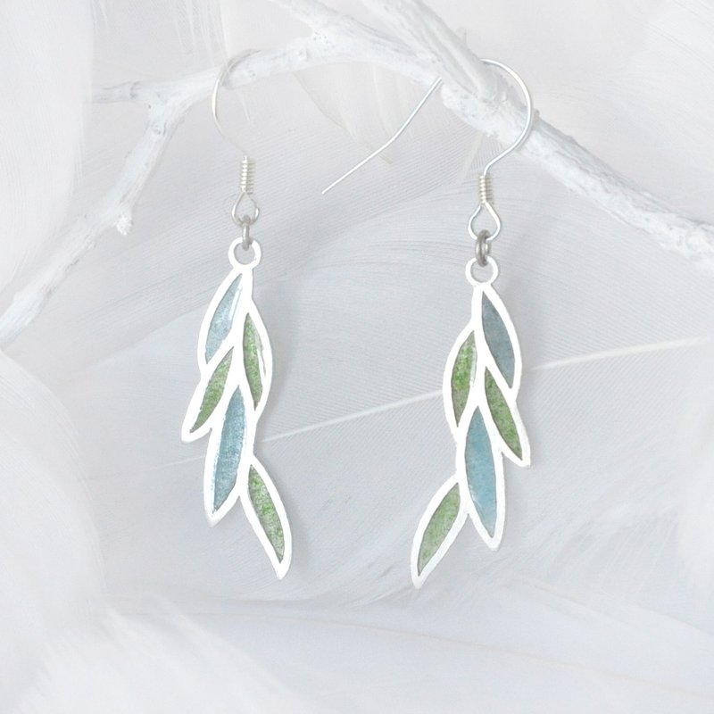 Green Willow Leaves / 925 Silver Transparent Enamel Cross Drop Earrings - Earrings & Clip-ons - Enamel Green