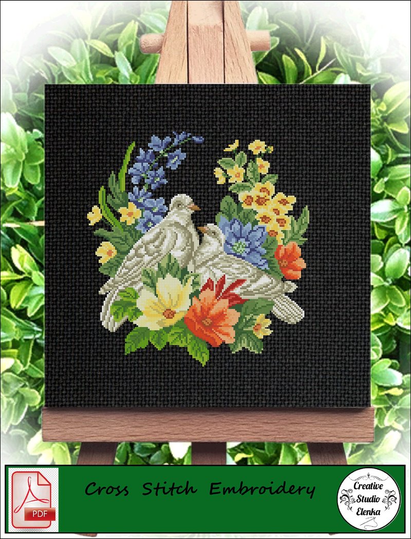 Vintage Cross Stitch Scheme Pigeons 1 - PDF Embroidery Scheme - เย็บปัก/ถักทอ/ใยขนแกะ - วัสดุอื่นๆ 