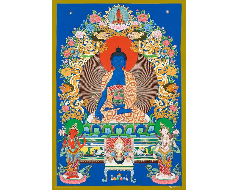藥師佛唐卡 | 手工製作的西藏藝術   象徵療癒與平靜 - 壁貼/牆壁裝飾 - 其他材質 多色