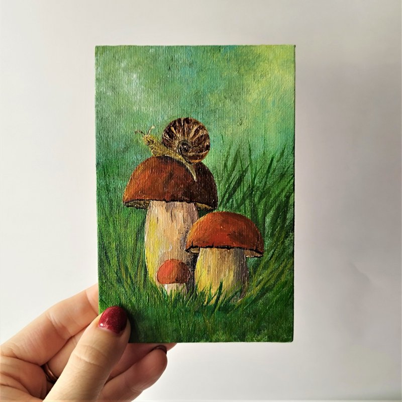 Mushroom Acrylic Painting - Unique Snail Art for Small Wall Decor - Wall Décor - Acrylic Multicolor