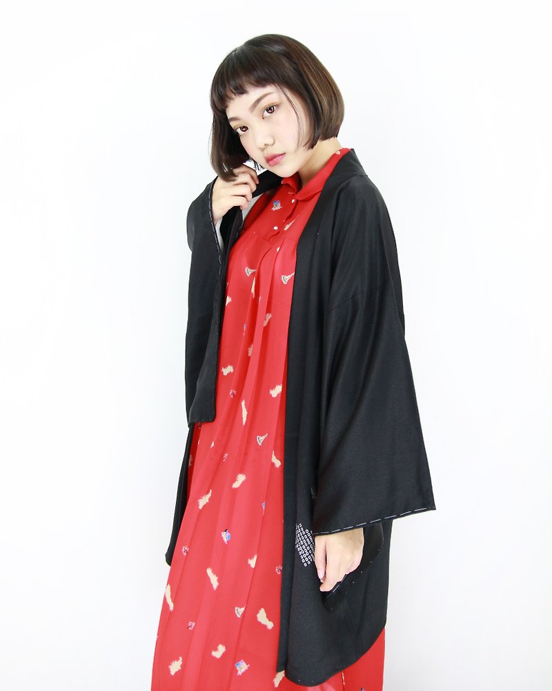 Back to Green :: Japan back to kimono feather fan flowers / / men and women can wear / / vintage kimono (KI-109) - เสื้อแจ็คเก็ต - ผ้าไหม 