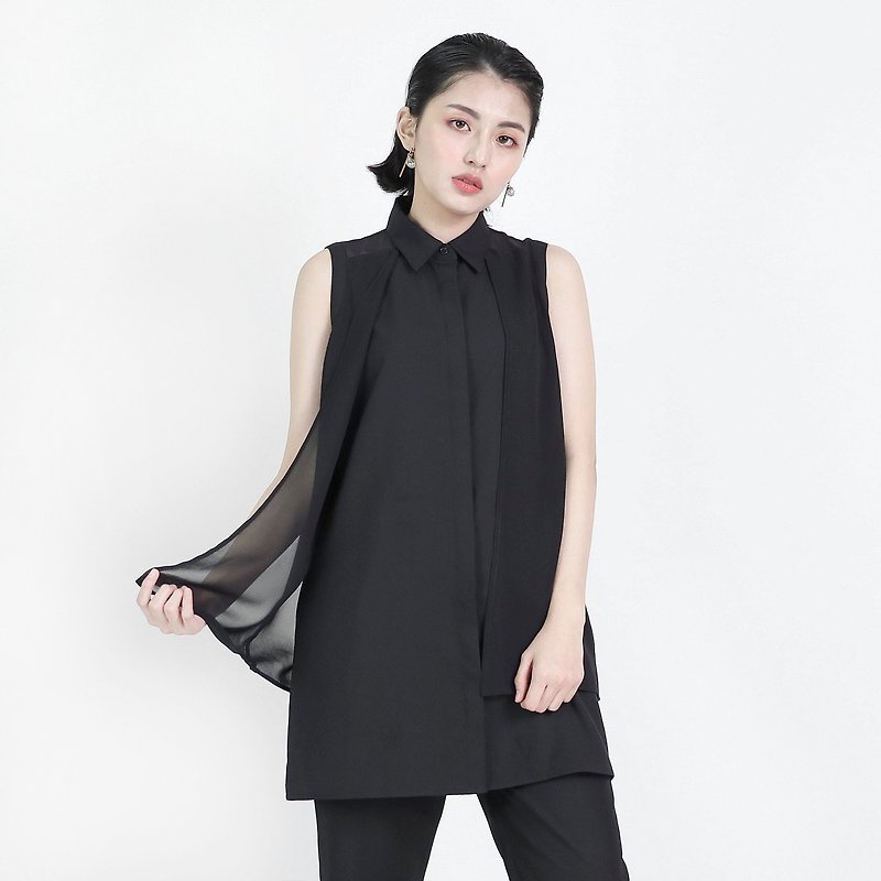Fantasy sleeveless shirt _8SF051_ black - เสื้อกั๊กผู้หญิง - ผ้าฝ้าย/ผ้าลินิน สีดำ