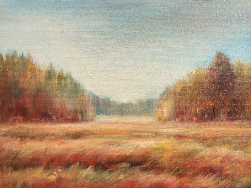 Autumn Landscape Original painting foggy Moody small art field Wall Art - 壁貼/牆壁裝飾 - 其他材質 橘色