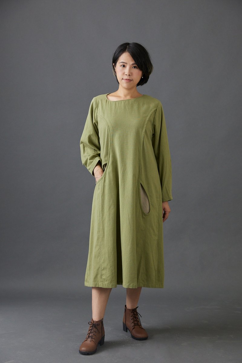 【Senzhihai】(Exhibition store) Autumn and winter new fashion obstinate series - Linen water drop dress - One Piece Dresses - Cotton & Hemp Green