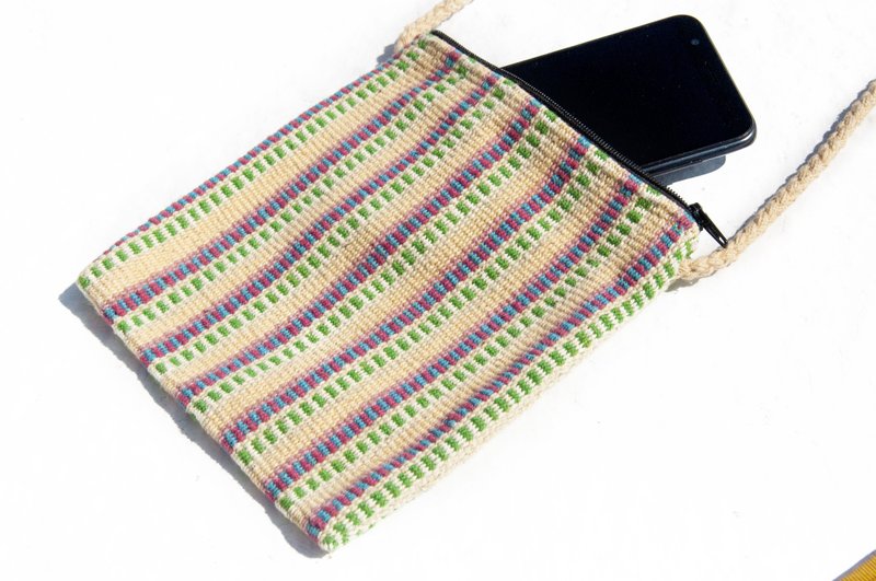Hand-woven fabric mobile phone case storage bag ticket holder leisure card case side backpack-South America stripe color - Phone Cases - Cotton & Hemp Multicolor