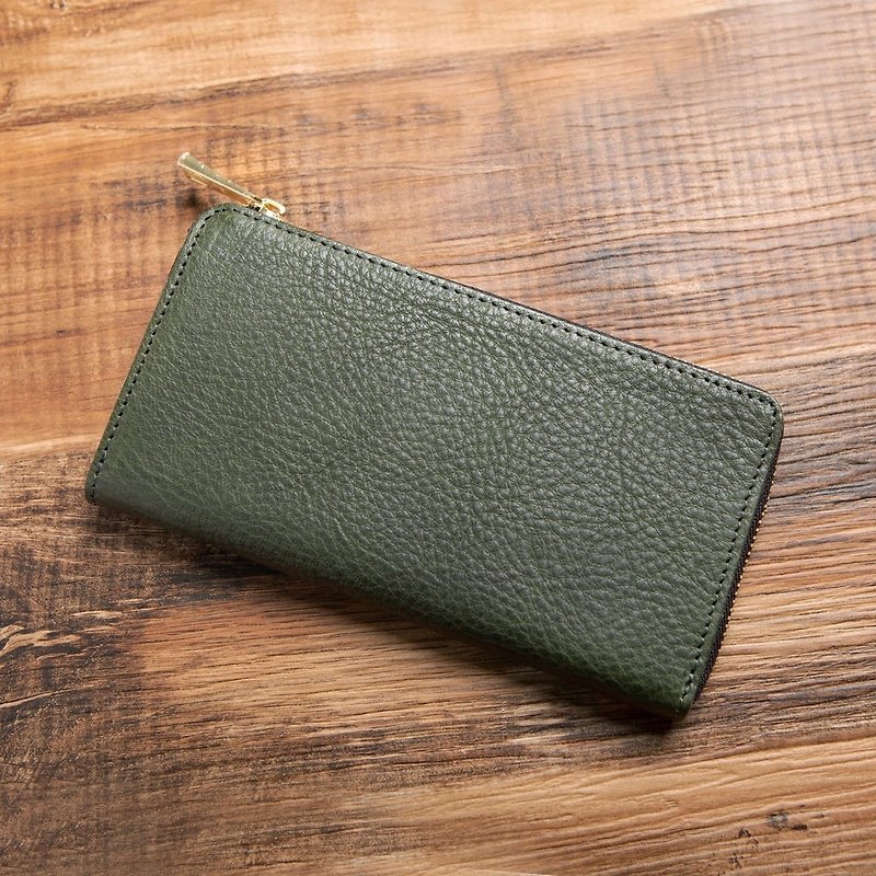 TIDY Tochigi Leather L-shaped Zipper Long Wallet Skimming Prevention Made in Japan Genuine Leather Cowhide Name Engraved Green JAW017 - กระเป๋าสตางค์ - หนังแท้ สีเขียว