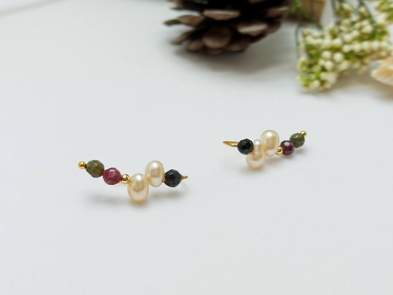 earring. Tourmaline*Baroque Pearl Draping Applique Horizontal 18K Gold Earrings Earrings - Earrings & Clip-ons - Gemstone Multicolor
