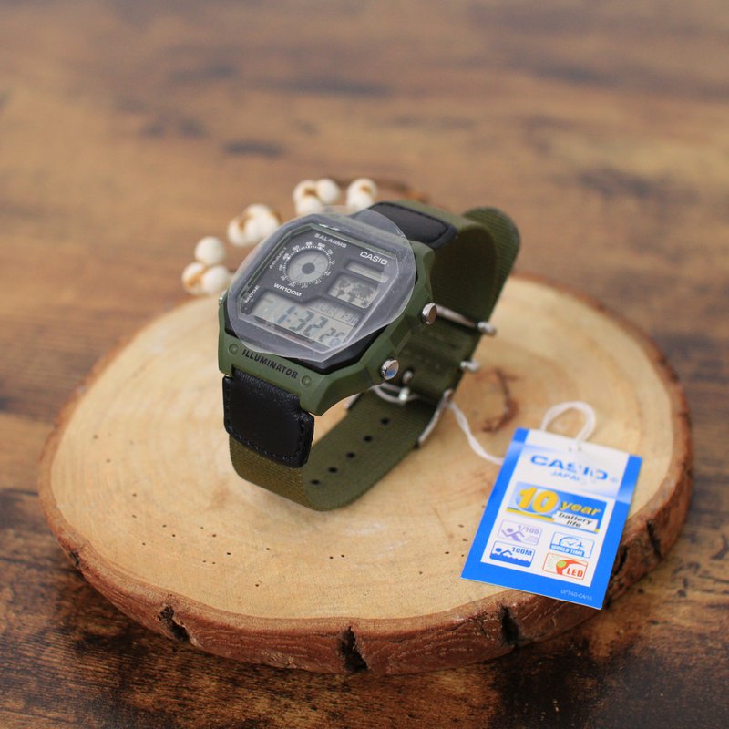 Back to Green-CASIO Casio military green sports style nylon watch strap - นาฬิกาผู้ชาย - ไนลอน 