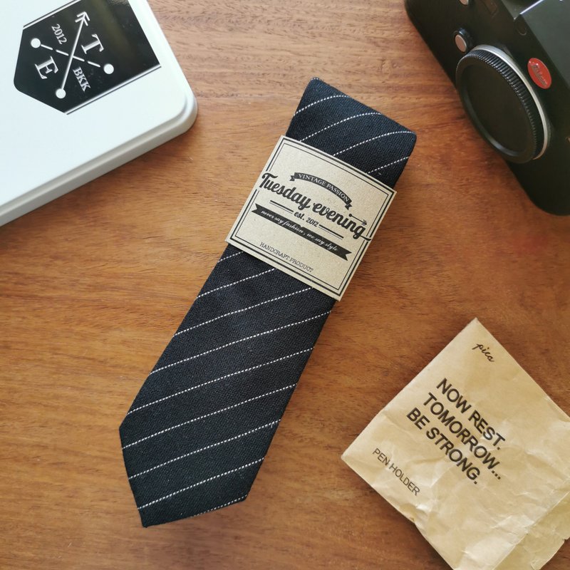 Necktie Black Stripe - 領帶/領帶夾 - 棉．麻 黑色