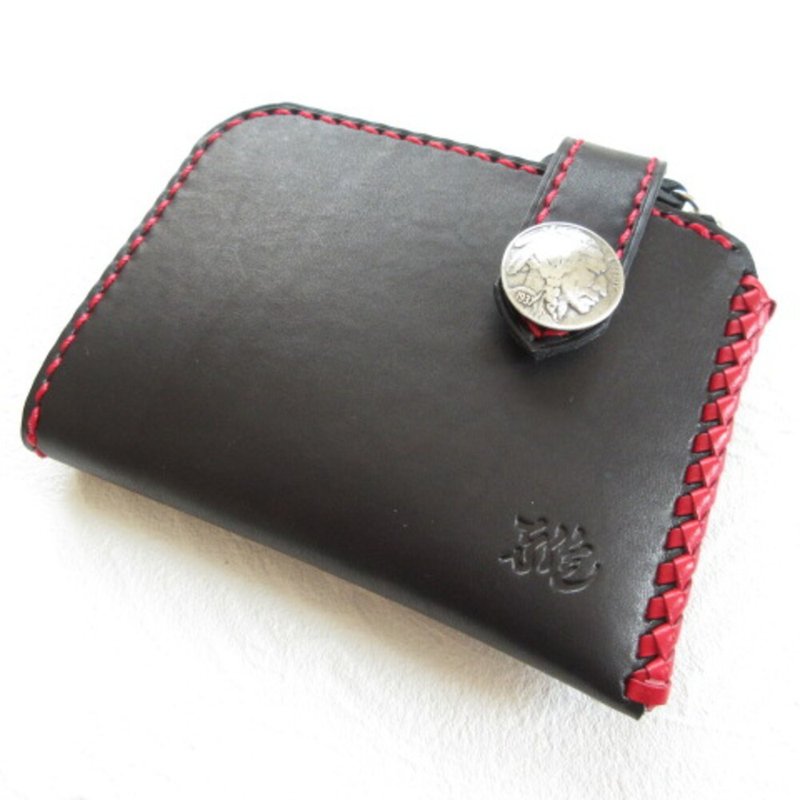 biker mono・red stitch・zipper・short wallet・saddle leather・0502 - Coin Purses - Genuine Leather Black