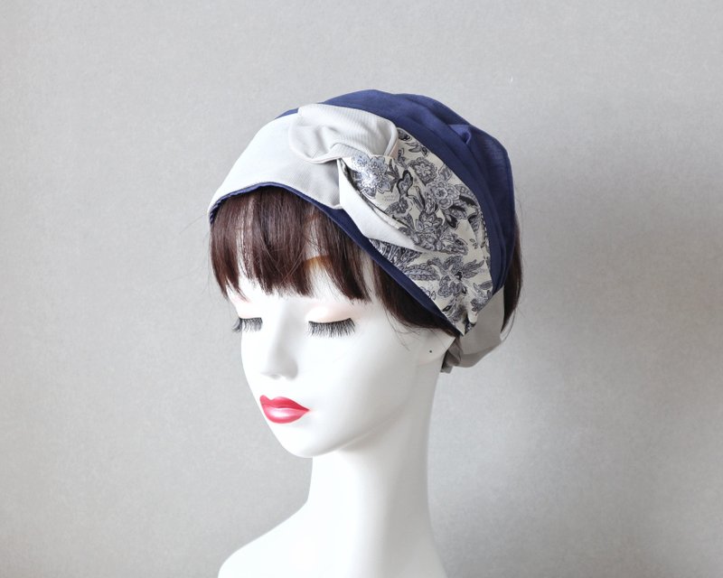 Cool monochrome flower lover sash ribbon and indigo hair turban Medical cap/Care cap Care cap - Hair Accessories - Cotton & Hemp Blue