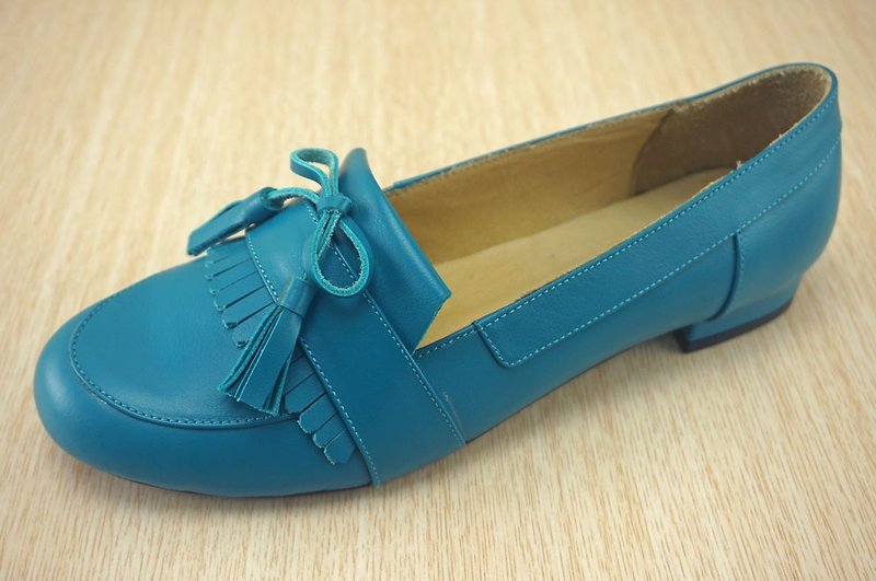 流蘇鞋 平底 手工鞋 - 女款休閒鞋 - 真皮 藍色