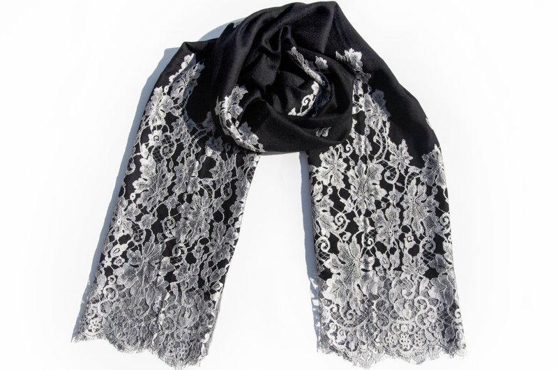 喀什米爾Cashmere/針織圍巾/純羊毛圍巾 手織圍巾 編織圍巾-蕾絲 - 頸巾/披肩 - 羊毛 黑色