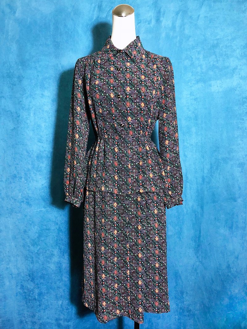 Totem lotus leaf skirt chiffon long-sleeved vintage dress / bring back VINTAGE - One Piece Dresses - Polyester Blue