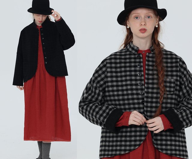 Reversible stand collar plaid multi-button handmade wool coat