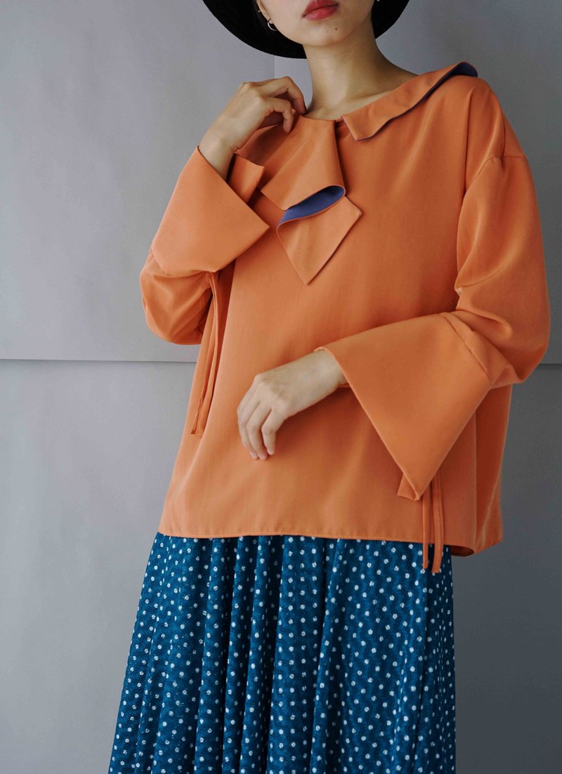 Design hand-made-retro pink orange asymmetric collar wide-sleeved blouse - Women's Tops - Polyester Orange