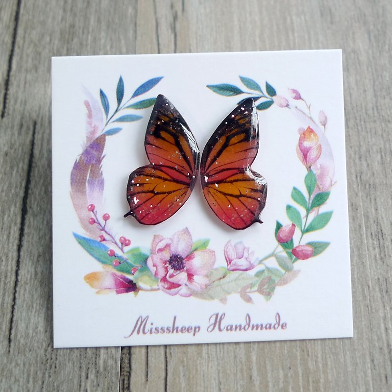 Misssheep- [BW04- Orange Butterfly] Handmade Earrings (Ear / Ear Clip) [One Pair] - ต่างหู - พลาสติก สีส้ม