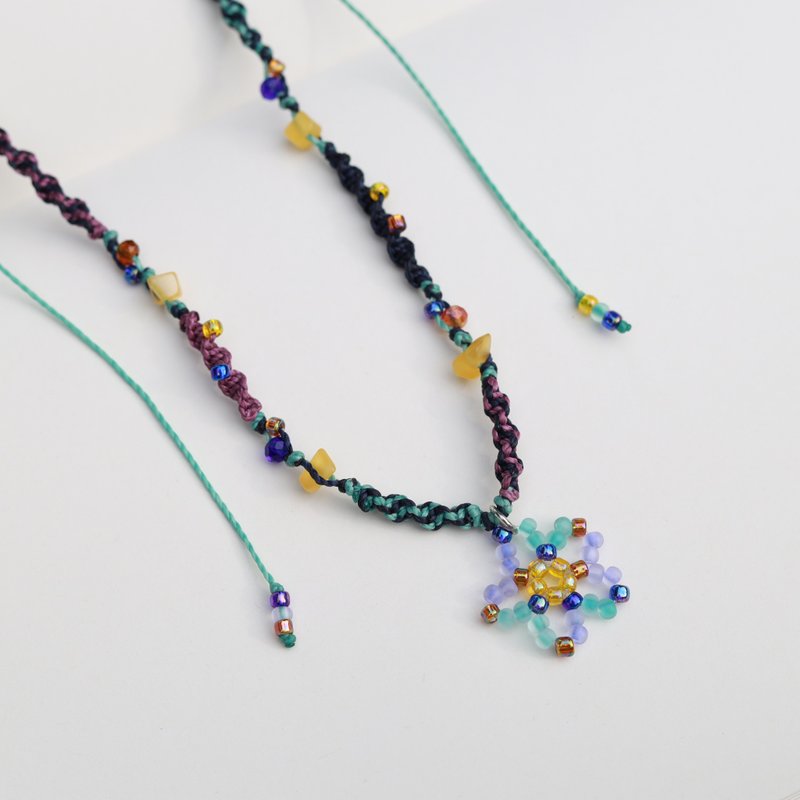 Multicolor flower woven waxed cord choker necklace with beaded flower pendent - สร้อยคอ - งานปัก หลากหลายสี