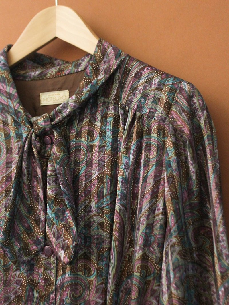 復古秋冬日本製變形蟲圖騰格子格紋灰紫色長袖古著洋裝 - 連身裙 - 聚酯纖維 灰色