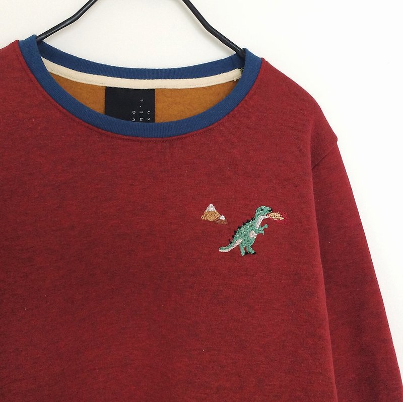 Dinosaur / Embroidery // Sweater /// Burgundy Red【雙 11 限定】 - Women's Sweaters - Cotton & Hemp Red
