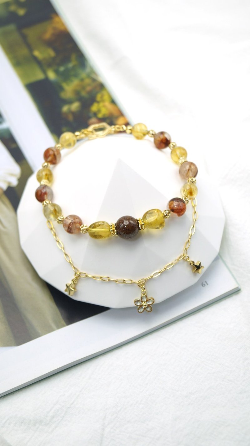 Bronze hair crystal citrine red glue flower bracelet | Enhance wealth luck | Customized natural crystal bracelet - สร้อยข้อมือ - คริสตัล 