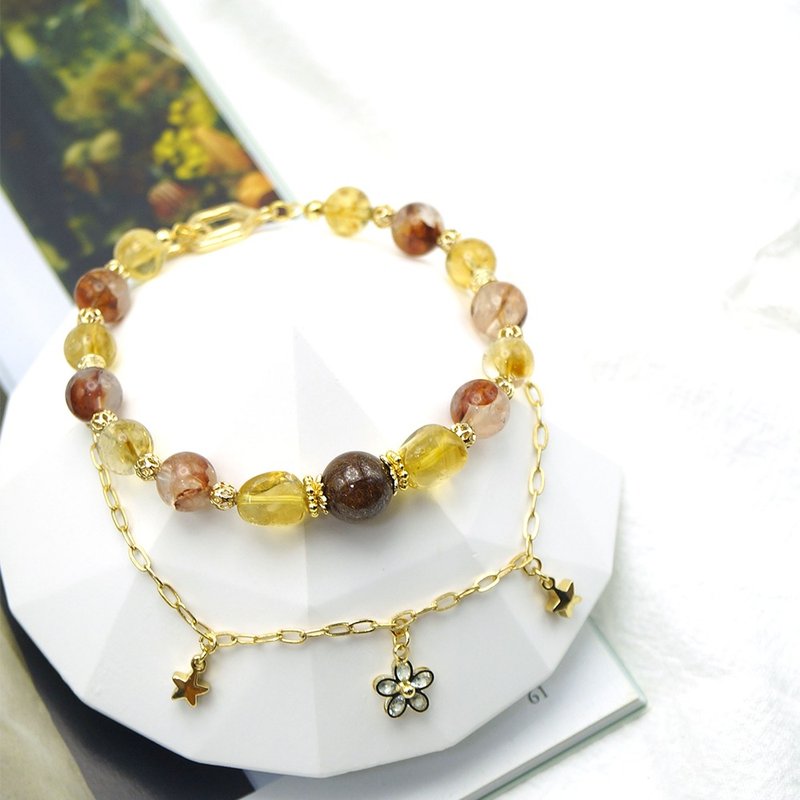 [November Birthstone] Bronze Hair Quartz Citrine Red Gum Flower Crystal Bracelet - Bracelets - Crystal Yellow