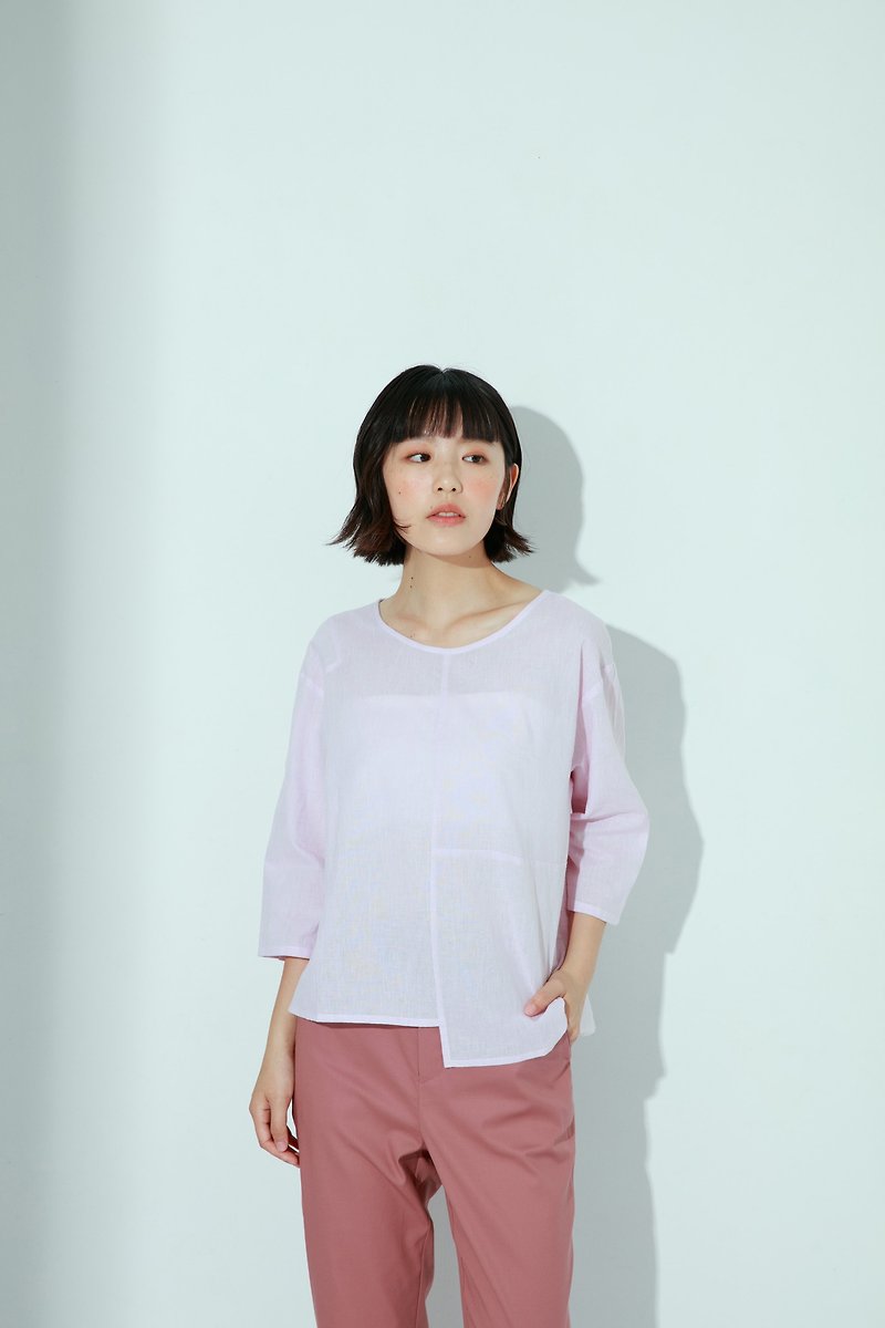 Afternoon shade cotton Linen Sleeve T-shirt - Rainmaker (pink) - เสื้อผู้หญิง - ผ้าฝ้าย/ผ้าลินิน สึชมพู