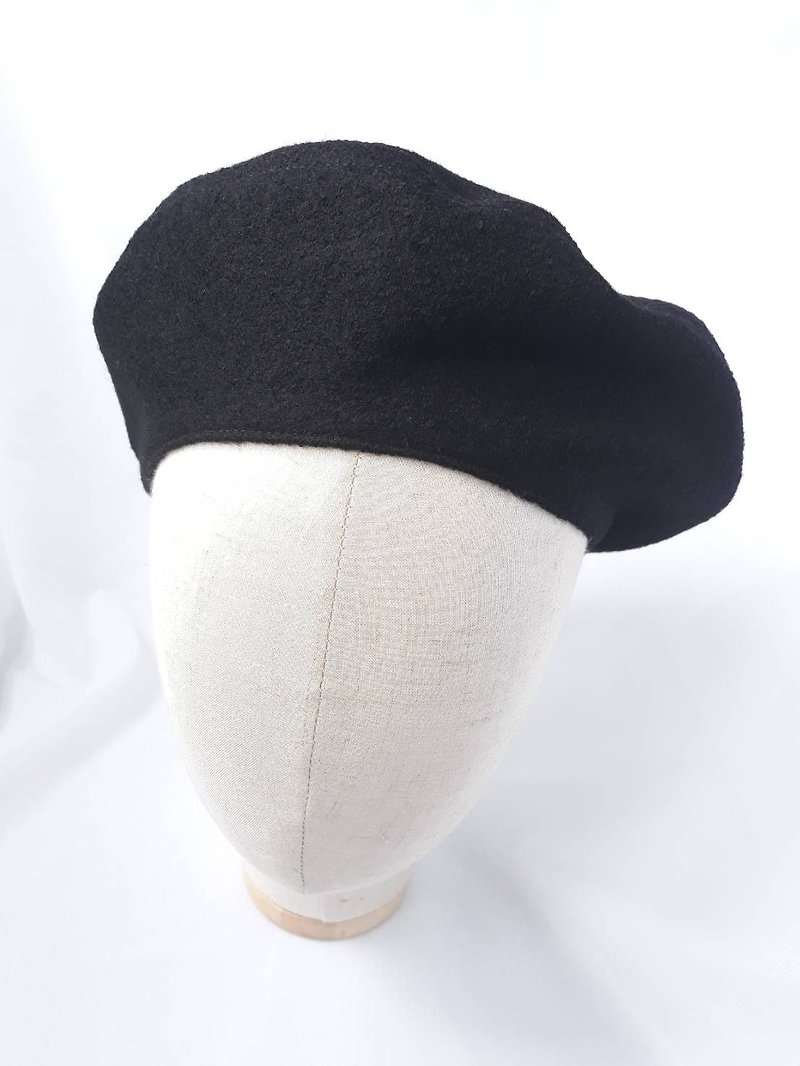 Black hairy / beret (Beret) - หมวก - ขนแกะ สีดำ