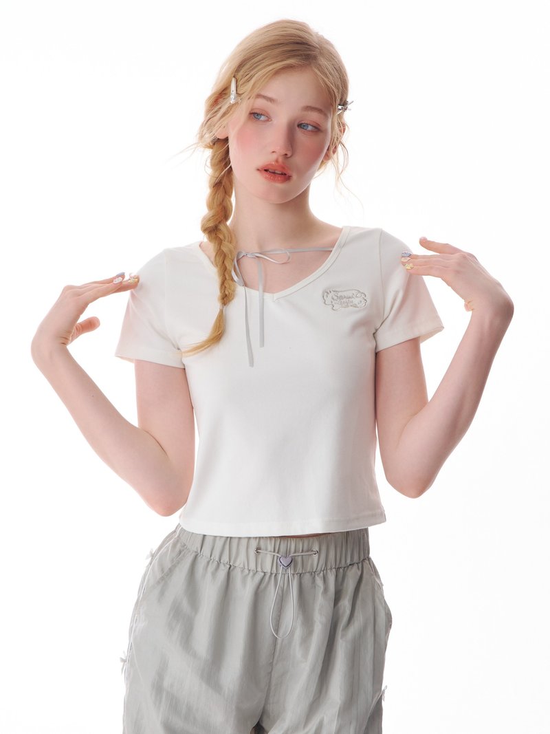 ziziFei夏季新款美式復古設計感綁帶V領上衣修身顯瘦短袖T恤女 - 女 T 恤 - 其他材質 