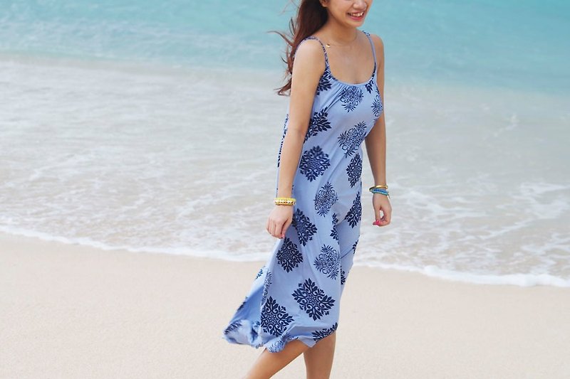 Quilt pattern camisole asymmetry long dress <navy gray> - One Piece Dresses - Other Materials Blue