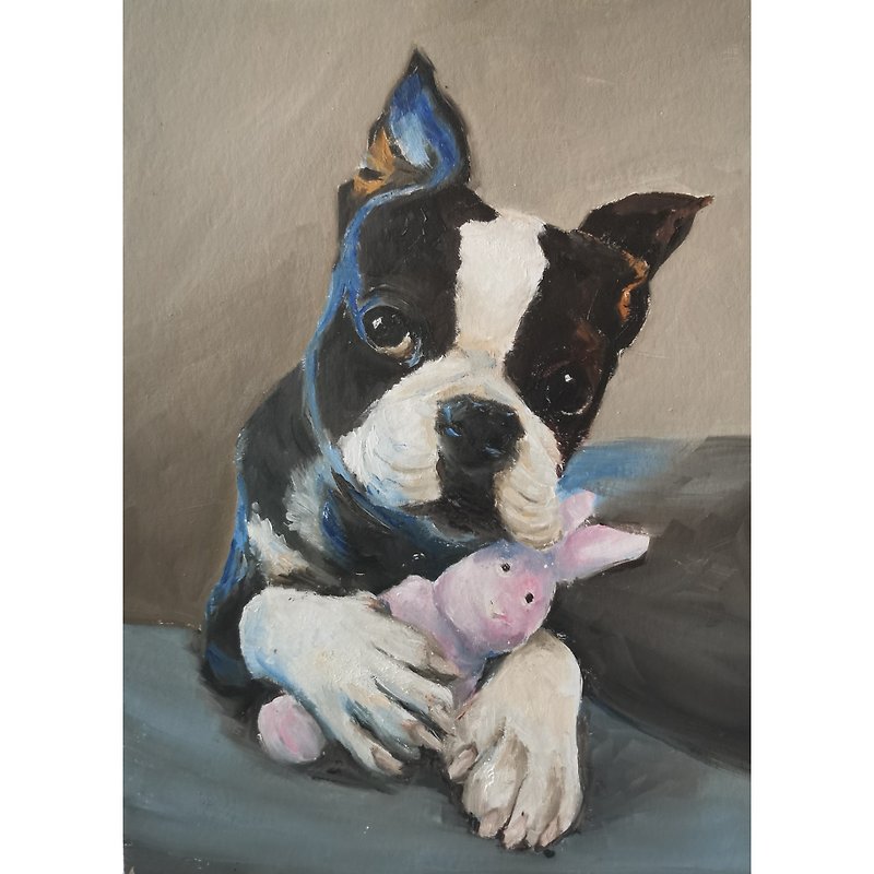 其他材質 海報/掛畫/掛布 - Pet Portrait Oil Original Painting Handmade Dog  Painting Boston Terrier