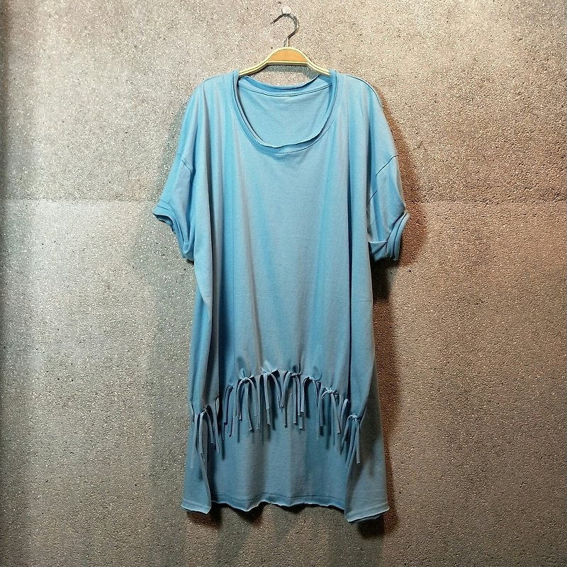 No trimming @Puff sleeves cotton T-shirt _ blue - เสื้อยืดผู้หญิง - ผ้าฝ้าย/ผ้าลินิน สีน้ำเงิน