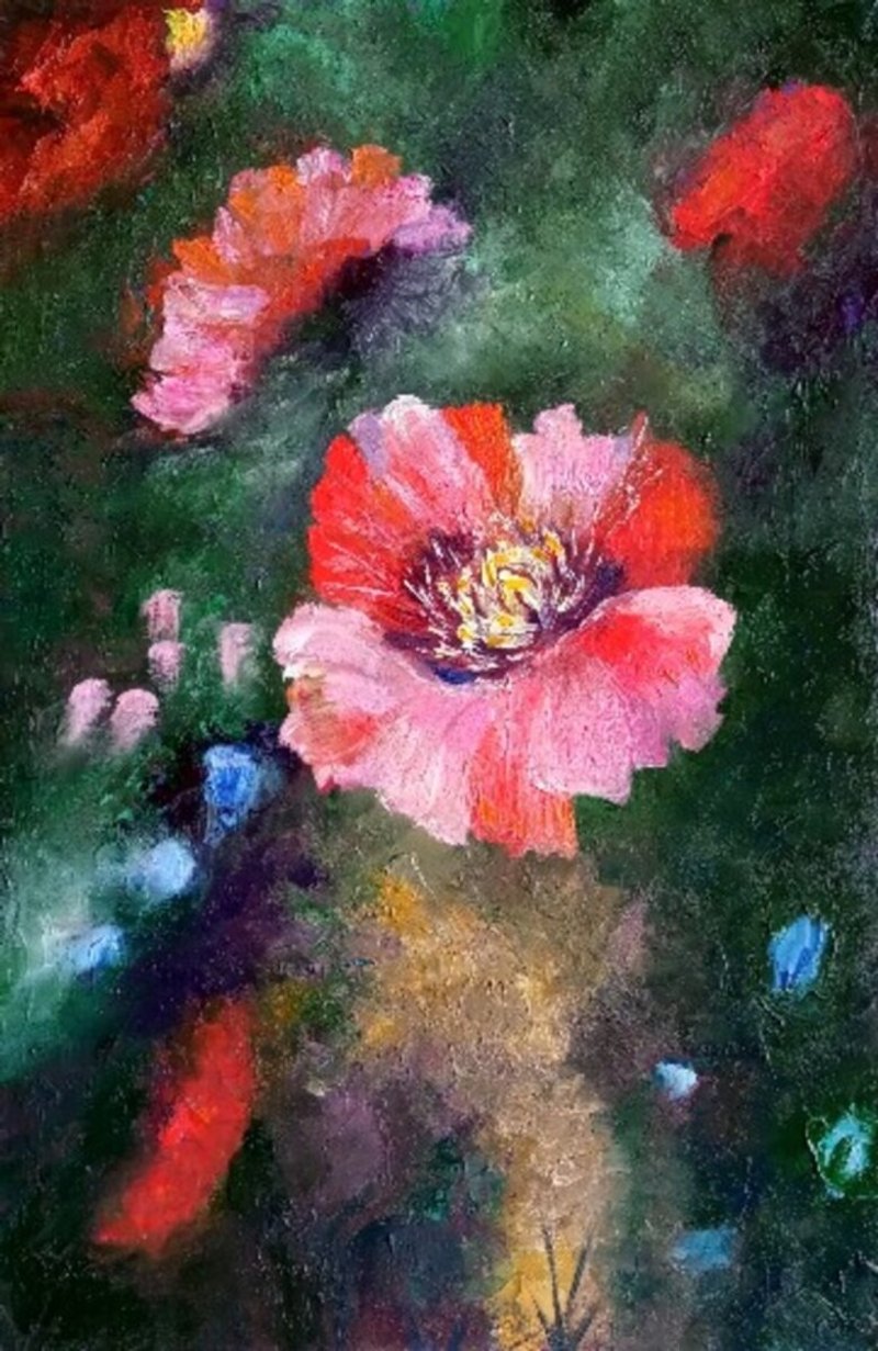Night flowers Oil painting on cardboard 30x20 cm - 壁貼/牆壁裝飾 - 其他材質 