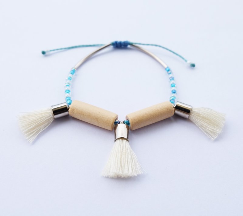 Natural wooden long beads with cream tassels string bracelet - Bracelets - Other Materials White