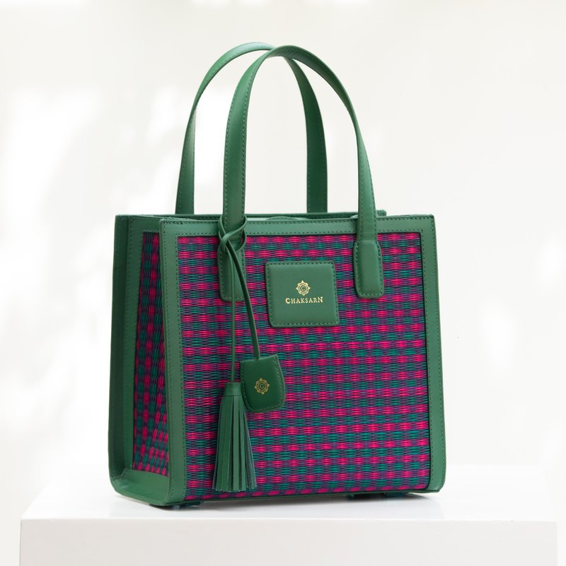 Chaksarn Small Tote - Green Leather and Purple Mat - Handbags & Totes - Genuine Leather Purple